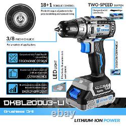 20V Li-Ion Cordless Drill Brushless 2 Speed 2 Battery Power Tool with Bits Set