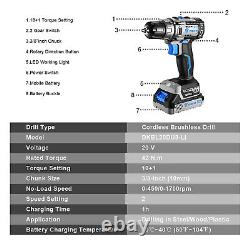 20V Li-Ion Cordless Drill Brushless 2 Speed 2 Battery Power Tool with Bits Set