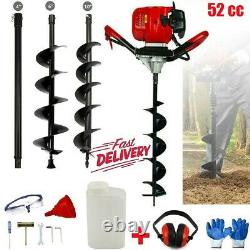 52cc Petrol Earth Auger 3HP Fence Post Hole Borer Ground Drill 3 Bits UK STOCK
