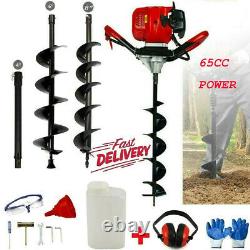 65cc Petrol Earth Auger Fence Post Hole Borer Ground Drill 3 Bits Extension Pole