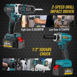 Cordless Electric Cordless Drill + Impact Wrench Driver Combi Drill 2Batteries