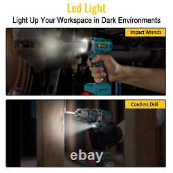 Cordless Electric Cordless Drill + Impact Wrench Driver Combi Drill 2Batteries