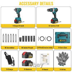 Cordless Electric Cordless Drill + Impact Wrench Driver Combi Drill 2Batteries