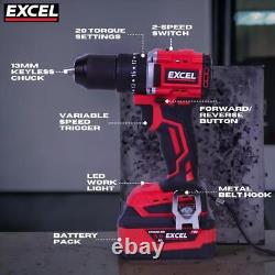 Excel 18V Cordless Brushless Combi Drill with 1 x 4.0Ah Battery Charger & Bag