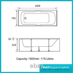 Gripped Bath Heavy Duty 1600mm x 700mm White Acrylic Bath Drilled Tap Leg set