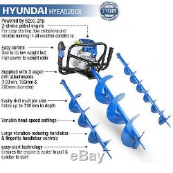 Hyundai Petrol Earth Auger Ground Drill Fence Post Hole Borer + 3 Bits HYEA5200X