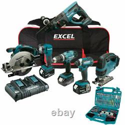 Makita 6 Piece Tool Kit 18V 3 x 5.0Ah Batteries Charger with 101 Piece Drill Set
