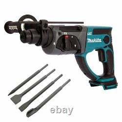 Makita DHR202Z 18V Cordless SDS+ Rotary Hammer Drill with 4 Piece Chisel Set