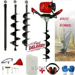 Petrol Earth Auger 3HP Fence Post Hole Borer Ground Drill 3 Bits Extension 65CC