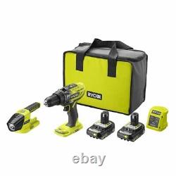 Ryobi 18V Cordless Combi Drill, Torch & LED Project Lamp + 2 x 2.0Ah Batteries