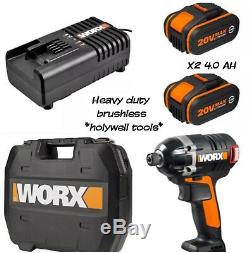 Worx Brushless Impact Drill Heavy Duty Complete With X2 4.0ah Batteries